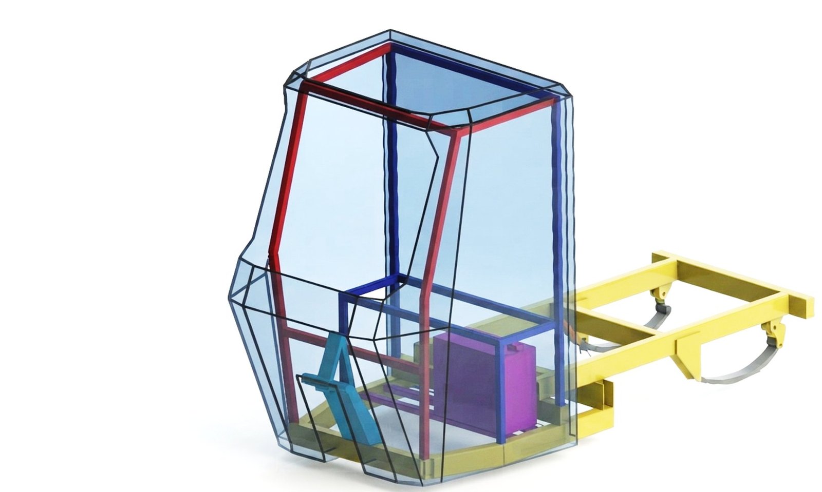 CAD of the cab structure in colour-coded strips over the yellow chassis frame, with leaf-spring suspensions called out