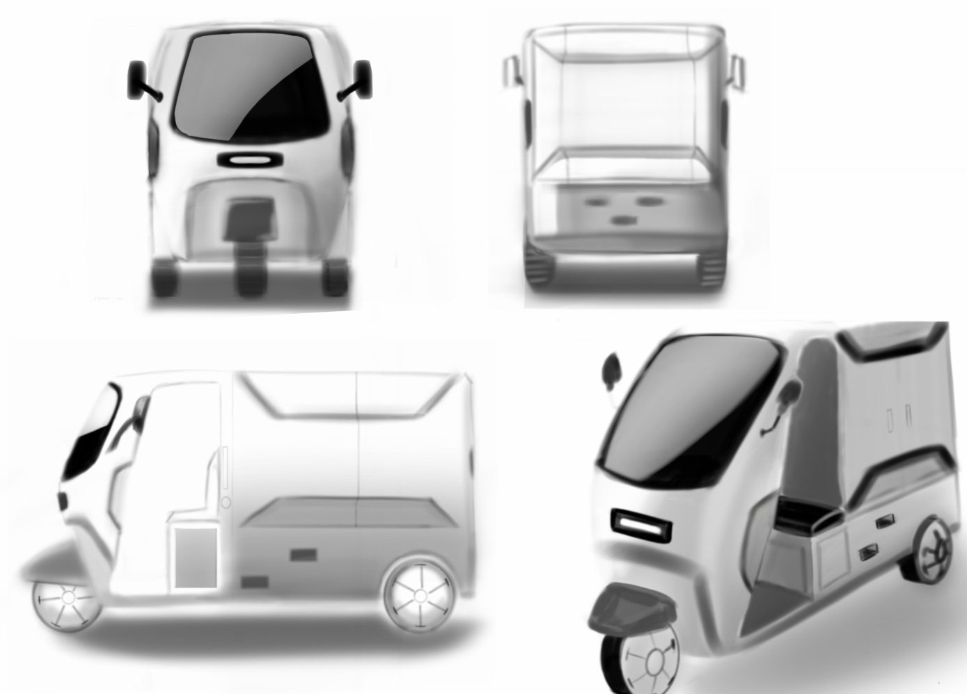 Greyscale renders of the early pod body from four views — front, rear, side and three-quarter