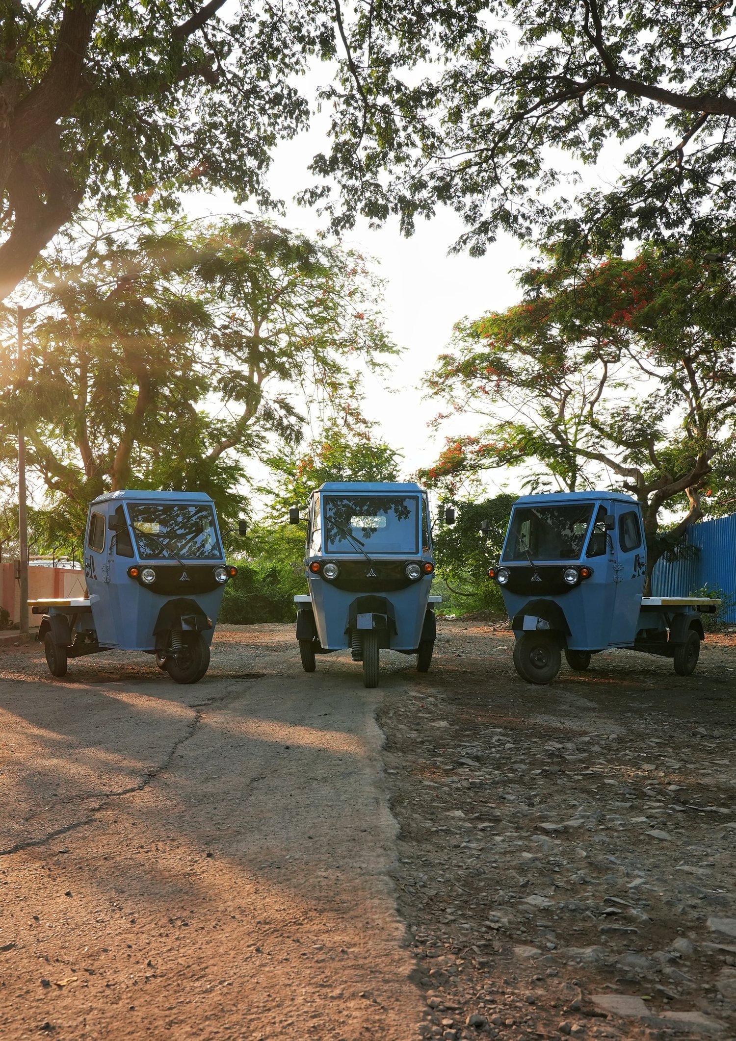 Three blue Navya vehicles parked in a row under large trees