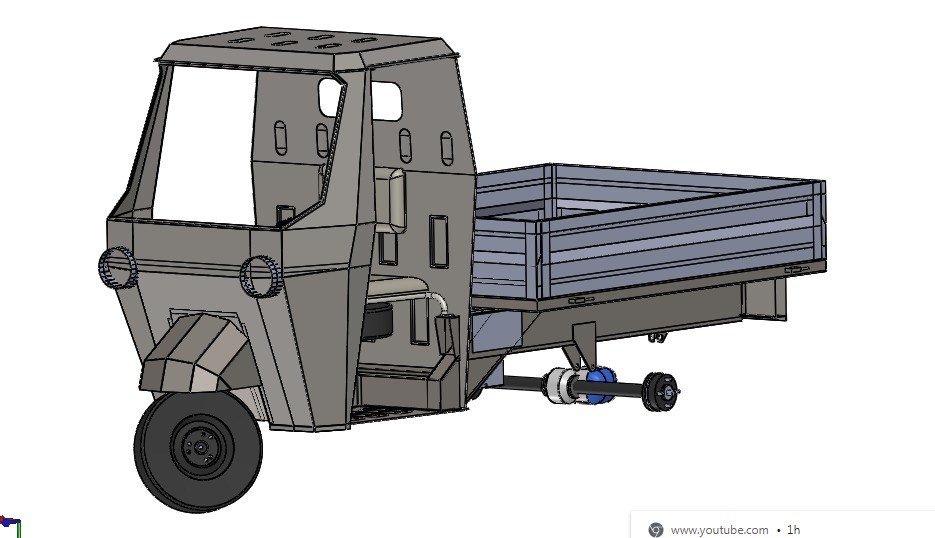CAD model of the L5 cargo three-wheeler — cab, cargo deck and driveline
