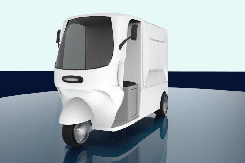 White pod-bodied three-wheeler render on a reflective blue floor