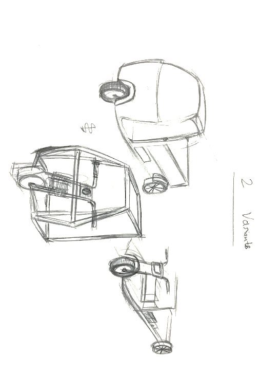Sketch of the cargo three-wheeler with a rendered box body over line-work variations
