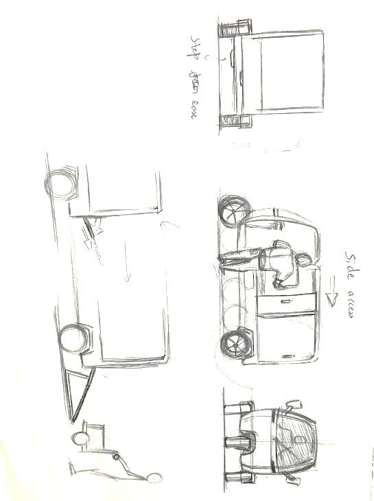 Sketch page exploring two cargo body variants over the three-wheeler chassis
