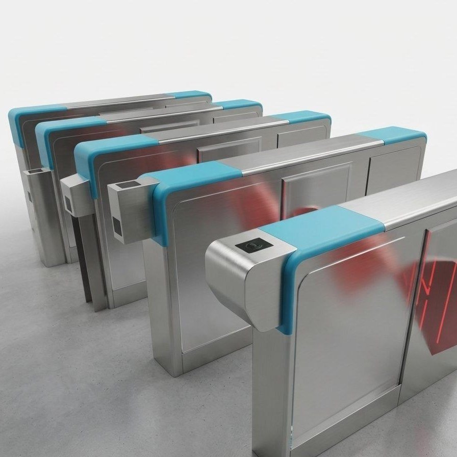 Render of a row of Delhi Metro gates with blue scanner housings and red flaps