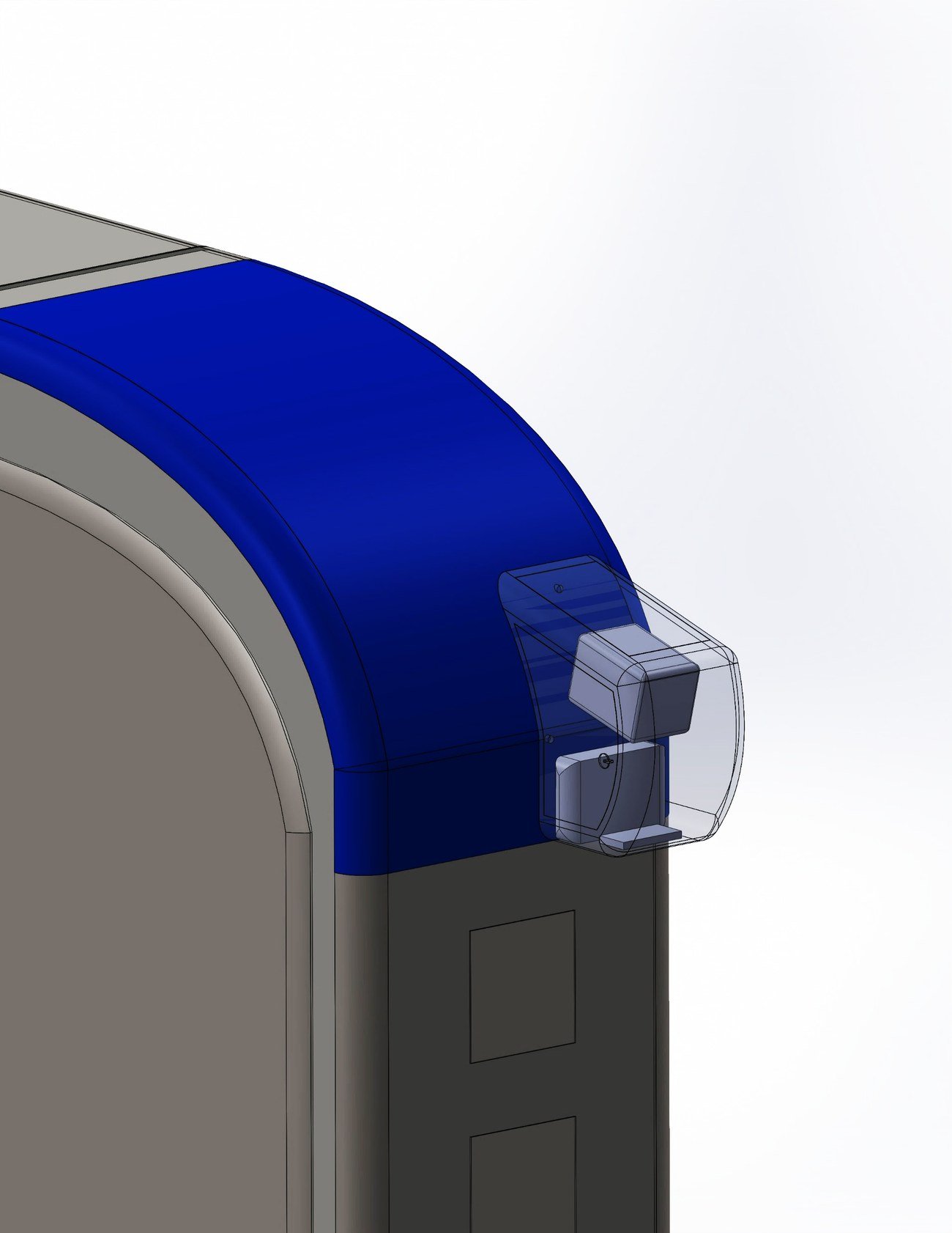CAD detail of the blue scanner housing mounted over the gate edge