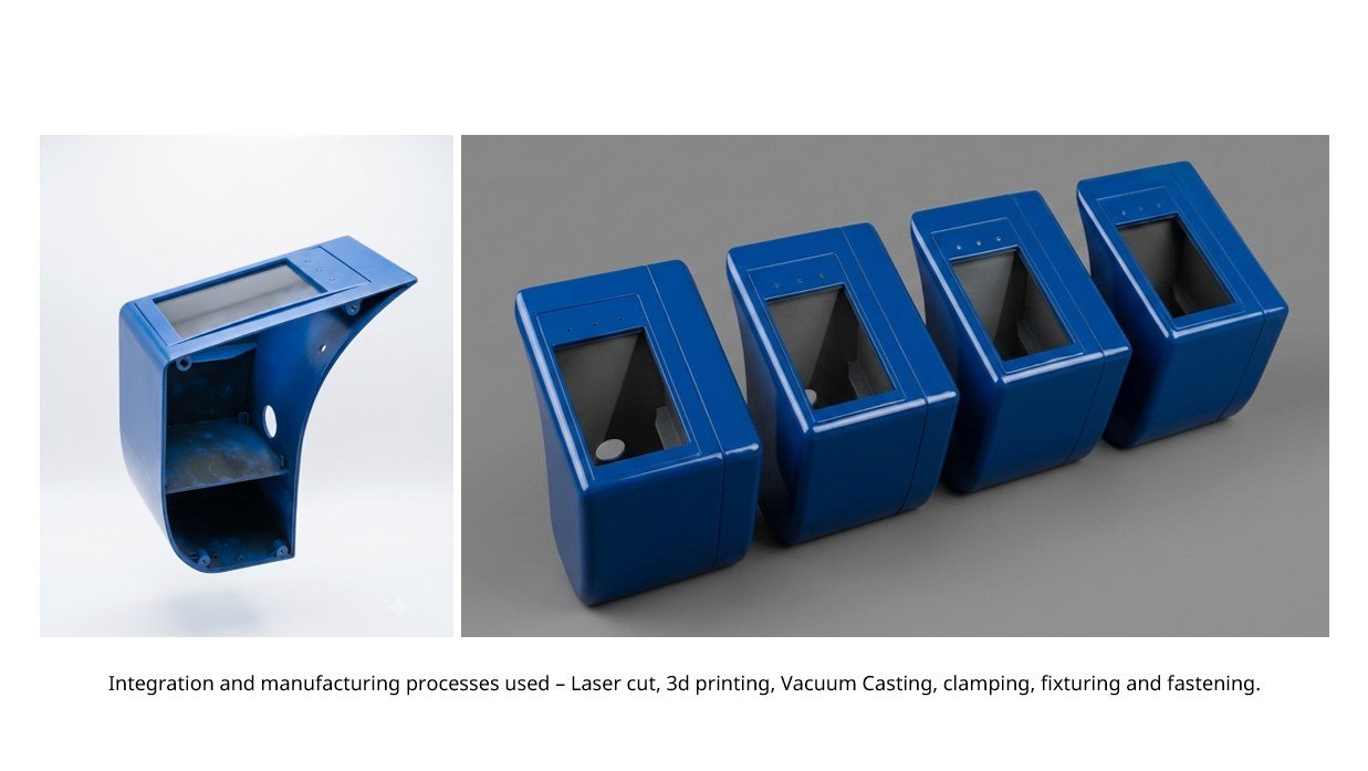 Blue vacuum-cast scanner housings: a single bracket-mounted shell and four shells lined up