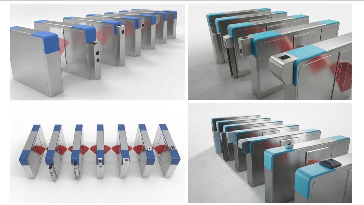 Render family for the Delhi Airport line gates: paired gates with red flaps and overhead scanners, and full gate arrays from both sides