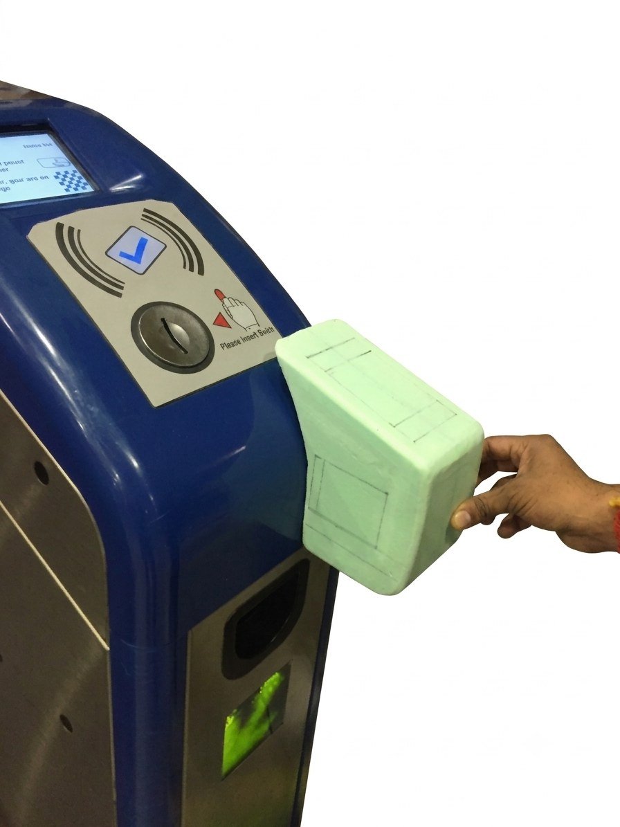 Render of a hand presenting a paper QR ticket to the gate-mounted scanner at Delhi Metro