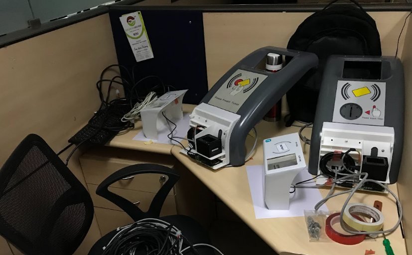Bench prototypes of the validators wired up on an office desk in Mumbai