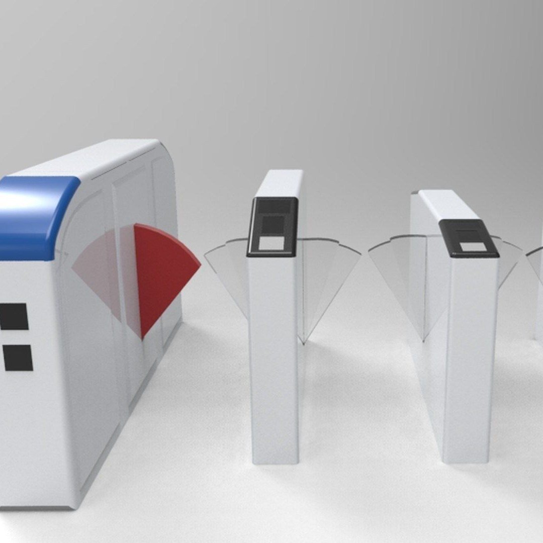 Render comparing the existing blue-topped gate with a row of slim 2-in-1 flap gates
