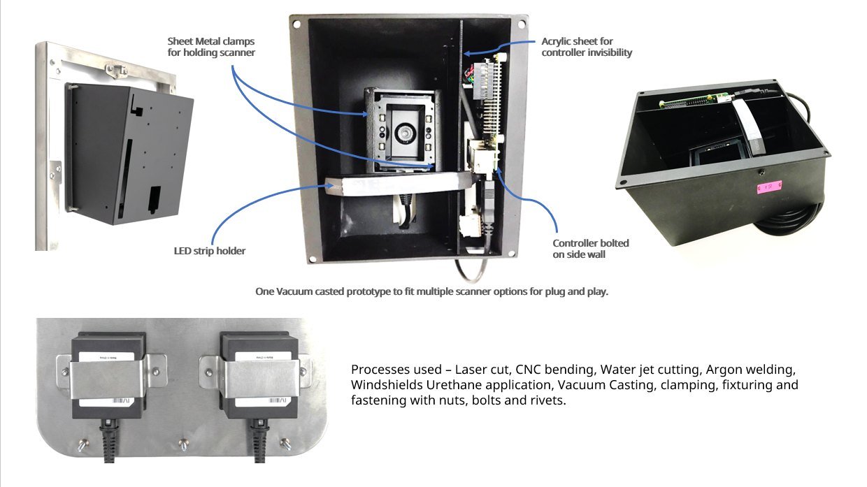 Annotated view of the validator internals: sheet-metal clamps holding the scanner, acrylic sheet for controller invisibility, LED strip holder and side-wall controller, plus the twin-scanner mounting plate