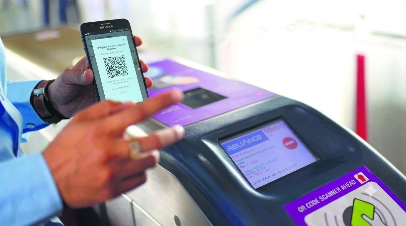 A commuter scanning a QR code from a phone at the Ridlr validator on a Mumbai Metro gate