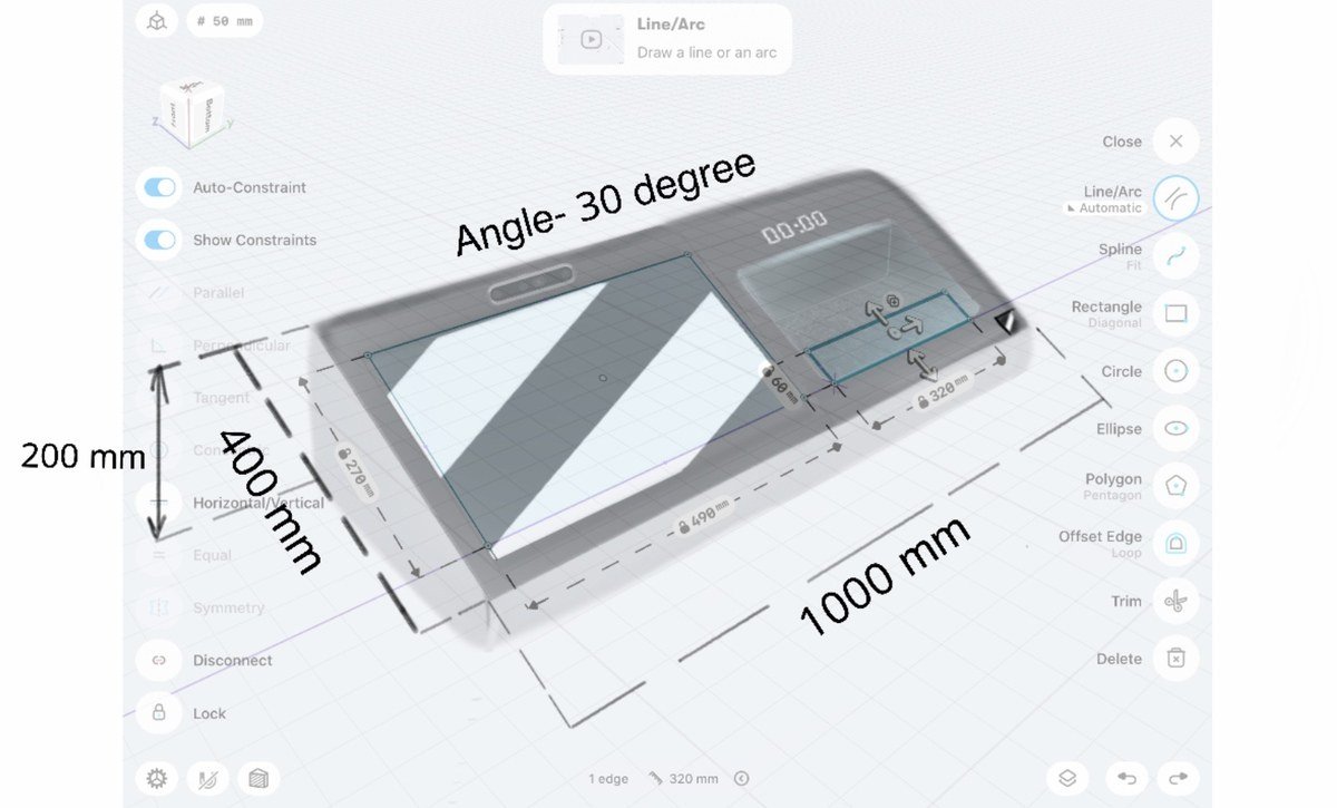 CAD model of the counter unit with dimensions: 30-degree screen angle, 1000 mm wide, 400 mm deep, 200 mm tall