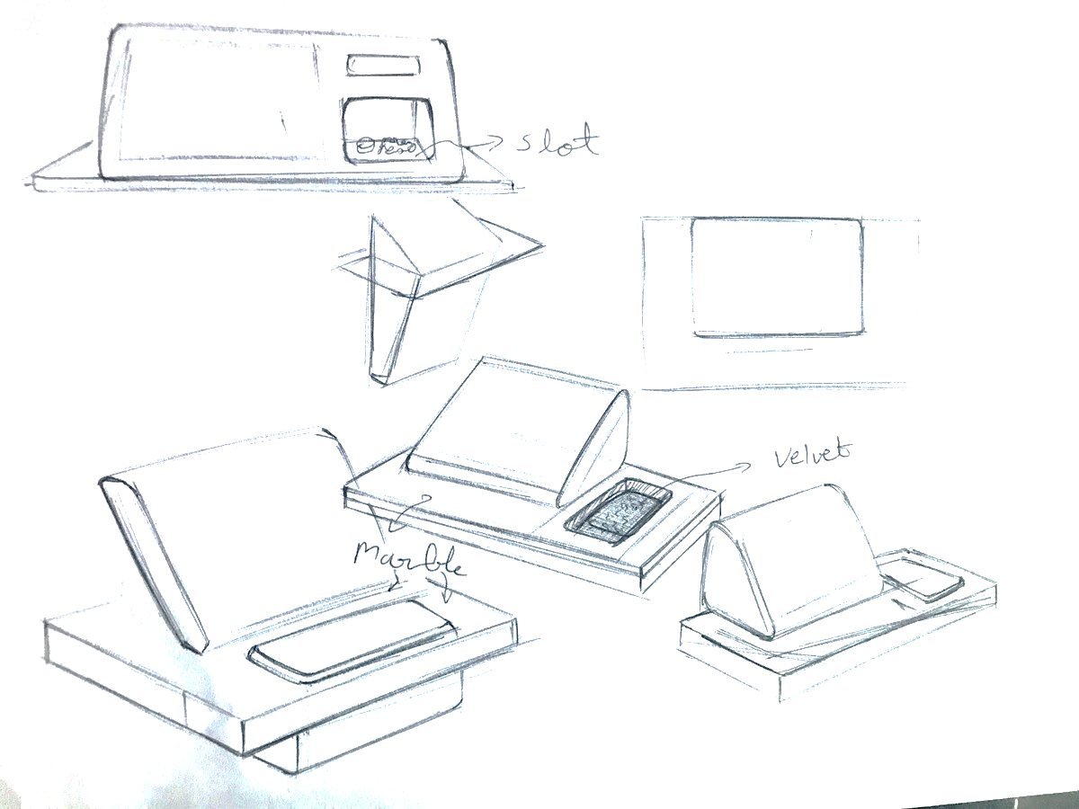 Sketch and CAD detail of the deposit tray and glass on the counter unit