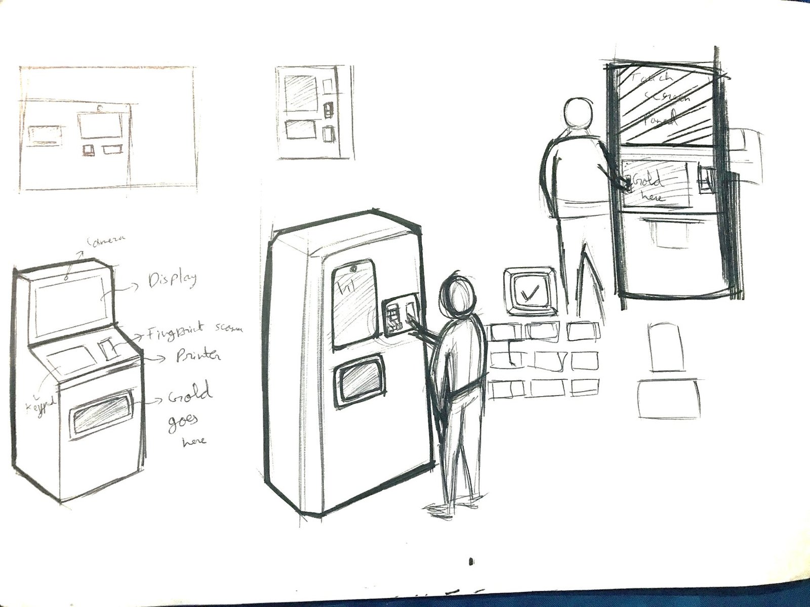 Early sketches of standing kiosks and user postures, exploring where the display, gold tray and printer sit