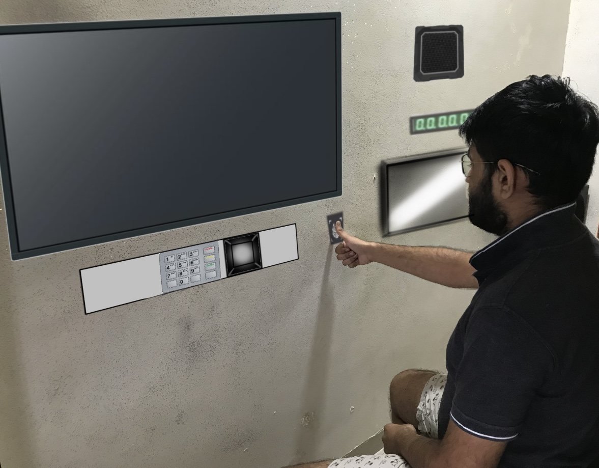 A user at a wall-mounted passbook printing setup — screen above, printer in the wall
