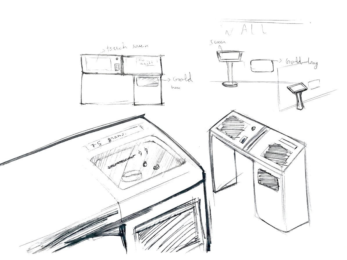 Sketch of a counter kiosk with stool, screen and gold tray