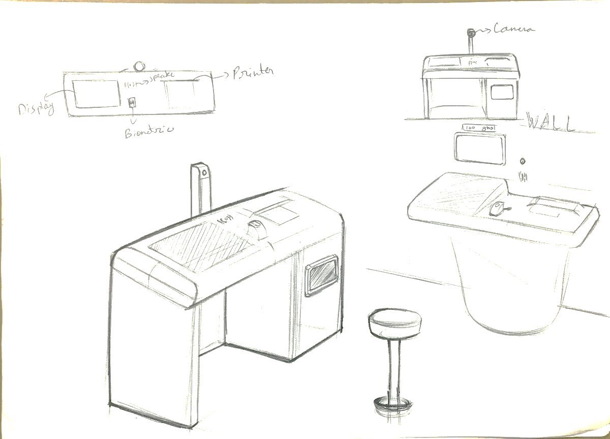 Sketch page of desk-format kiosks with display, printer and gold deposit variations