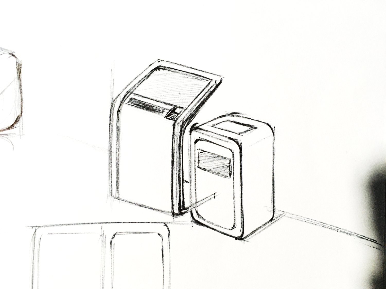 Sketch of two standing kiosk volumes, one with a slanted top surface