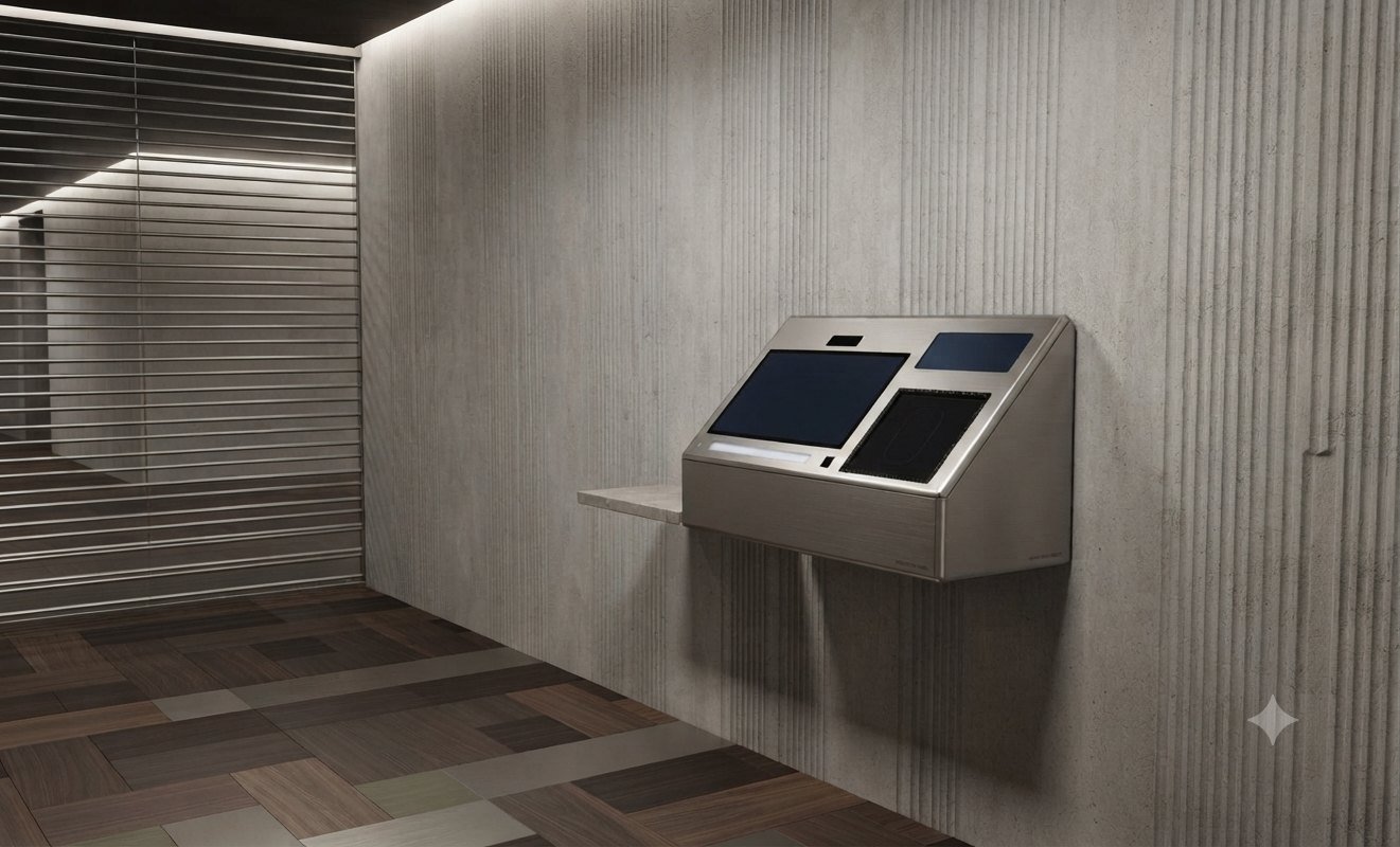 Steel prototype of the Rupeek Gold Teller Machine mounted on a slatted wall