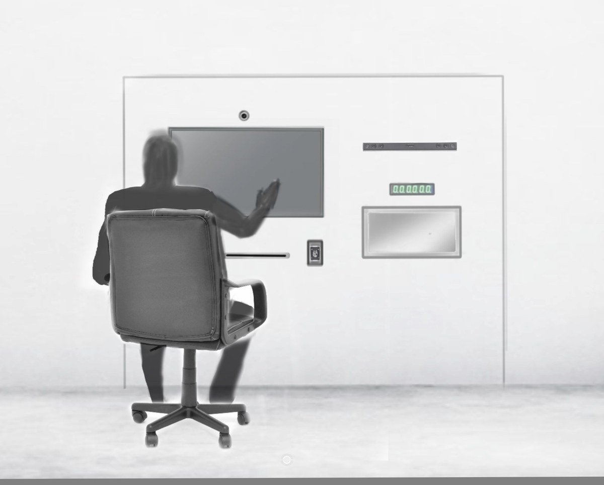 Grey study render of a seated user at a wall interface with screen, deposit slot and indicator