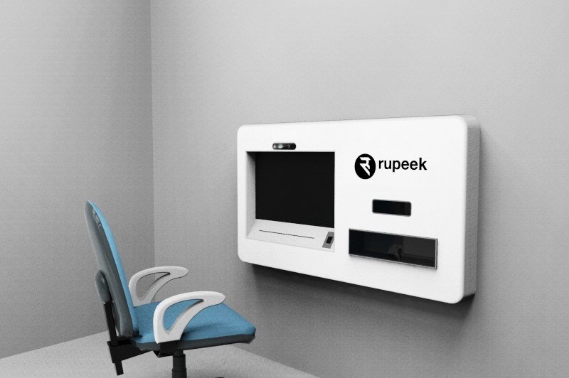 White wall-mounted Rupeek unit concept render in a room with a blue office chair