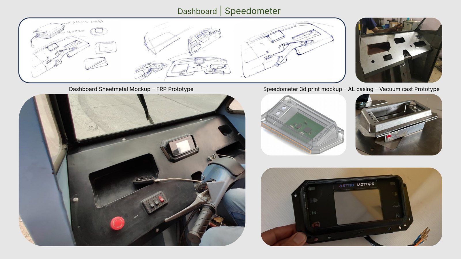 Dashboard and speedometer: sheet-metal mock-up, FRP prototype and vacuum-cast casing