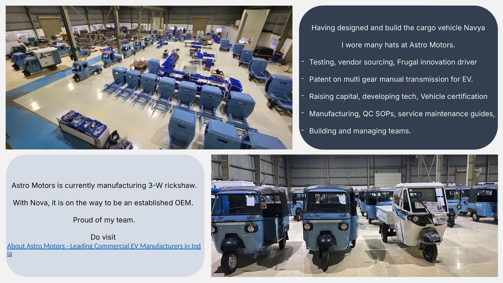 The Astro Motors factory floor, and the roles Hardik held there